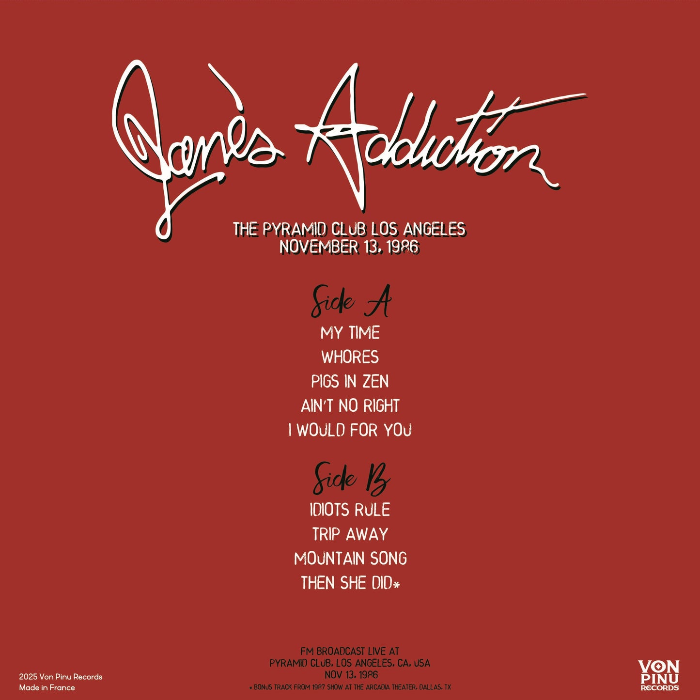 JANE'S ADDICTION – The Pyramid Club • Los Angeles 11/13/1986 LP