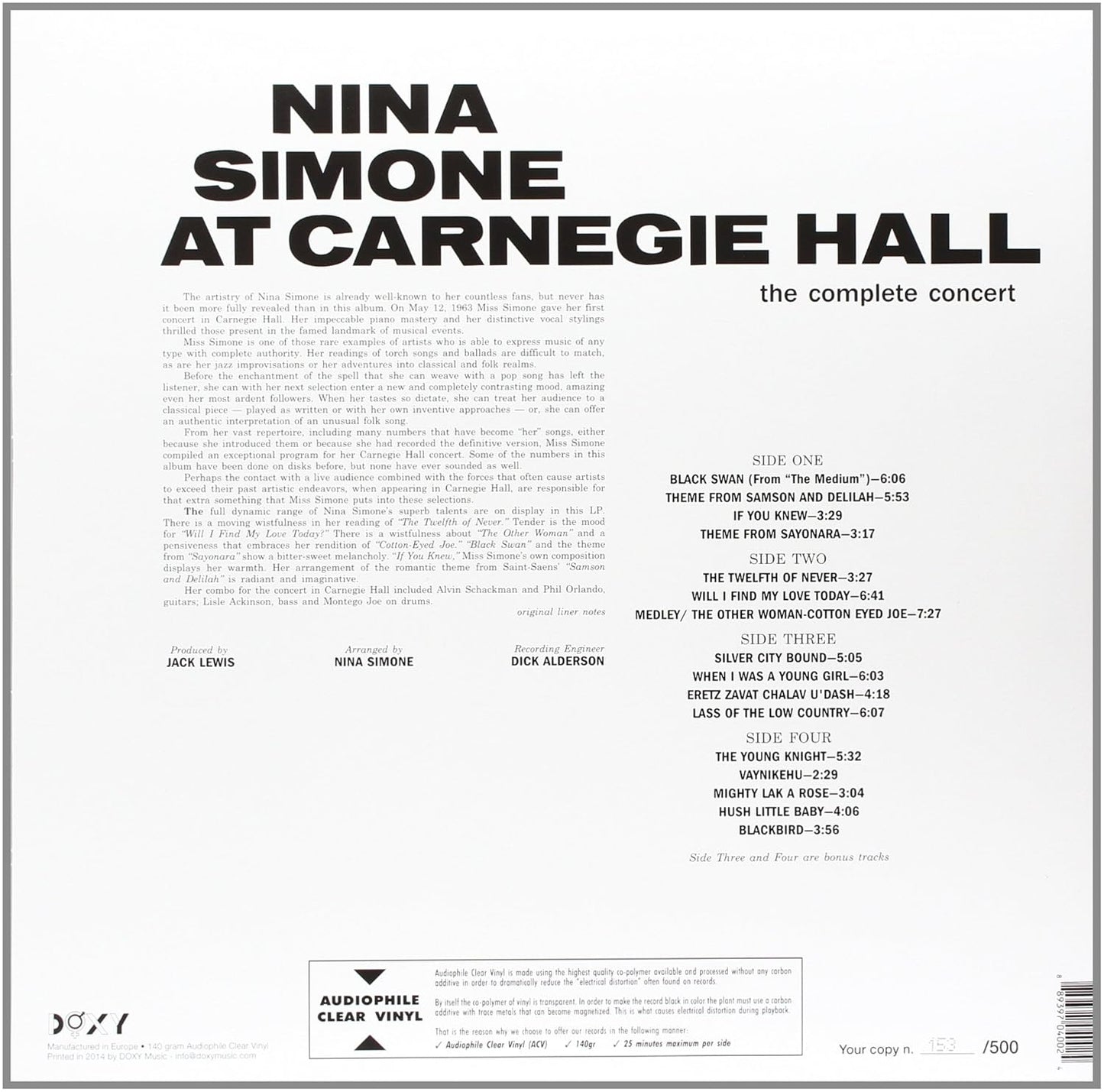 NINA SIMONE – At Carnegie Hall • The Complete Concert 2xLP (clear vinyl)