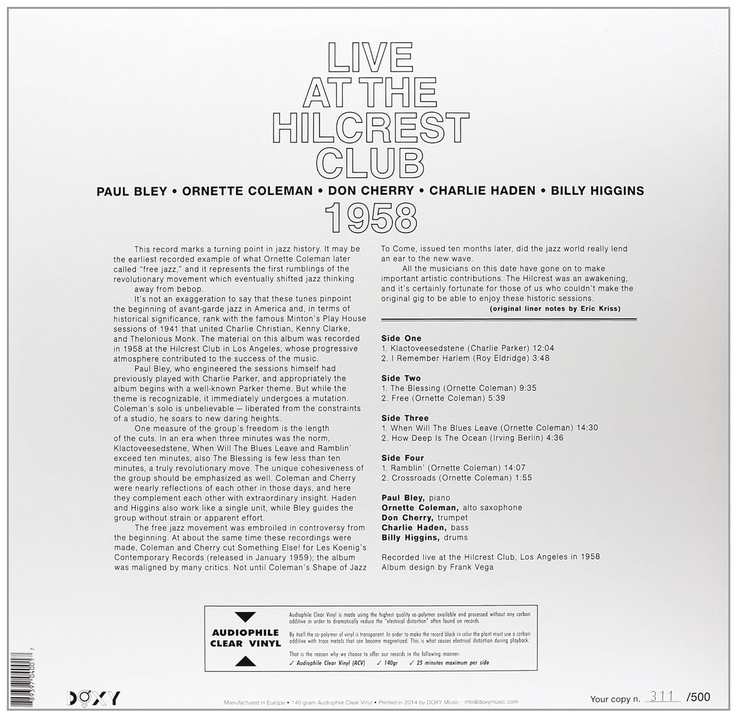 BLEY / COLEMAN / CHERRY / HADEN / HIGGINS – Live At The Hillcrest Club 1958 2xLP (clear vinyl)