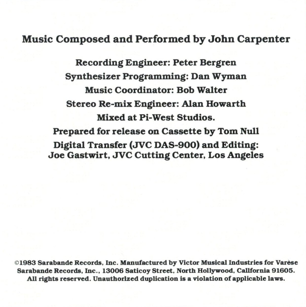 JOHN CARPENTER – Halloween OST Cassette