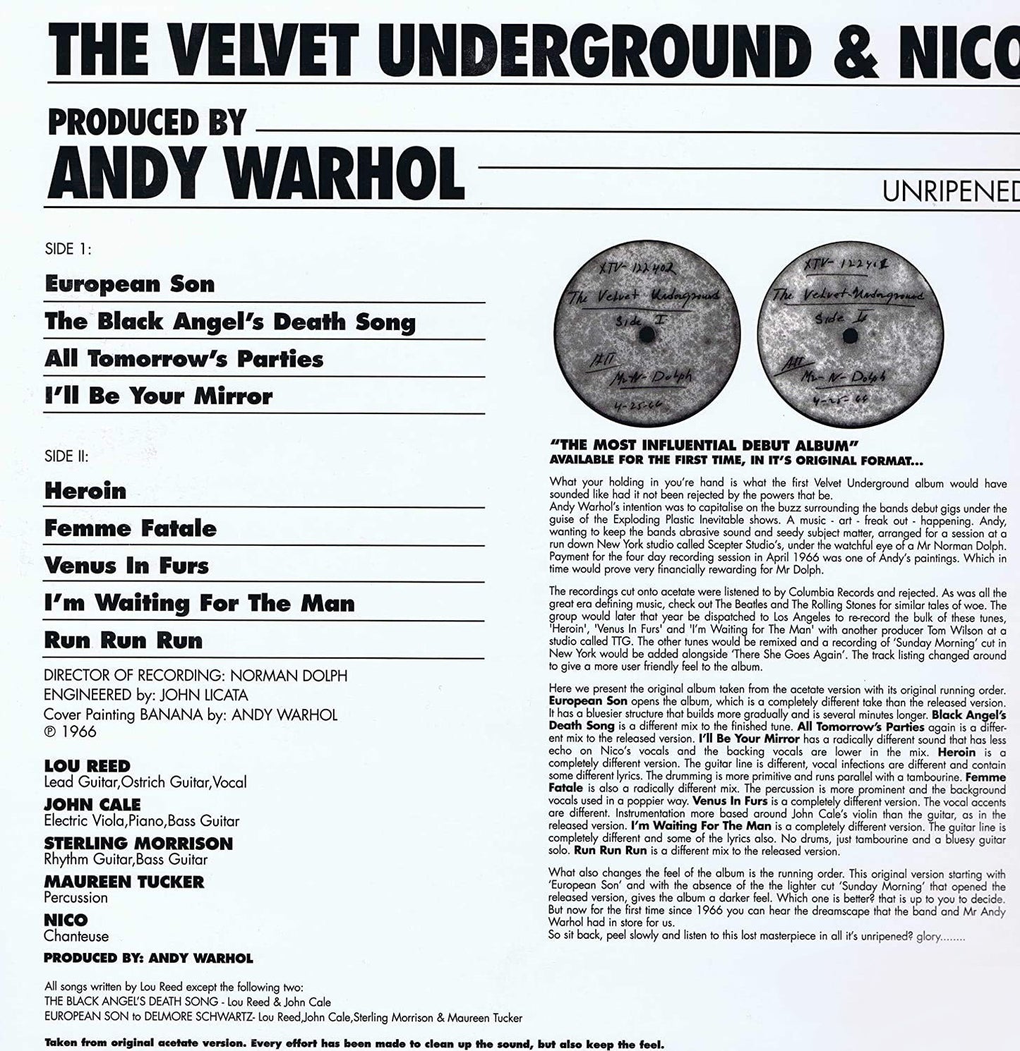 VELVET UNDERGROUND – The Velvet Underground & Nico • Unripened LP